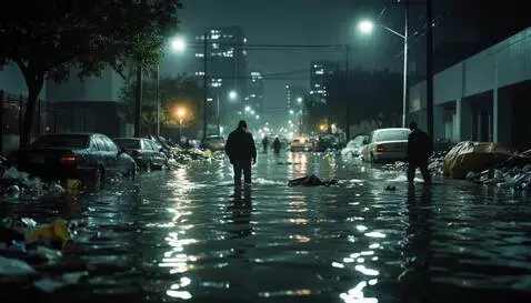 AI Video from prompt: It's gloomy, it's raining, people are walking th