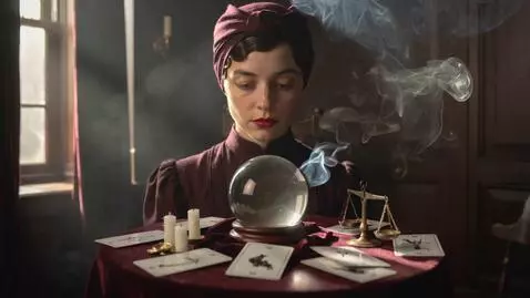 AI Video from prompt: A beautiful 1940s-style fortune teller with red 