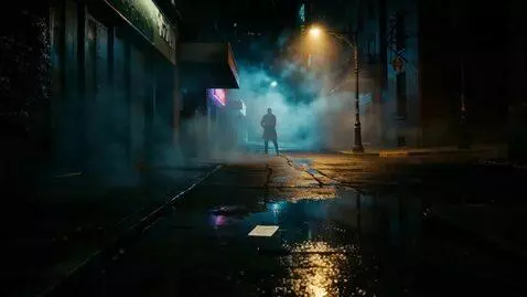 AI Video from prompt: Scene opens in a crumbling, deserted city at nig