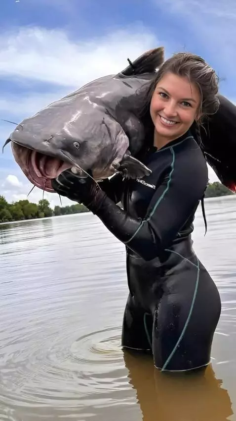 AI Video from prompt: A girl tries to hold a wriggling catfish