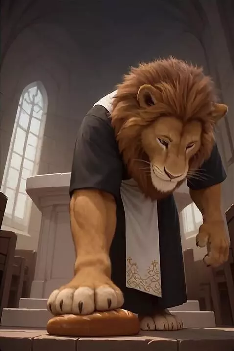 AI Video from prompt: Anthrofurry brown muscular lion wearing priest o