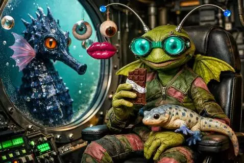 AI Video from prompt: The newt sits up as puppet eats a bite of chocol