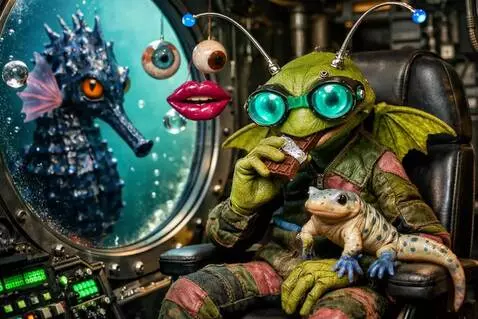 AI Video from prompt: The newt sits up as puppet eats a bite of chocol