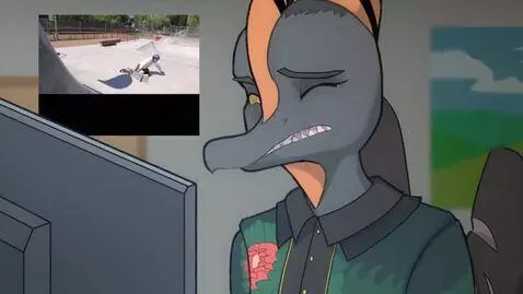 AI Video from prompt: Lizard dude watching a video on the PC monitor h