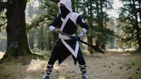 AI Video from prompt: Ninja in black and white costume in the forest, 