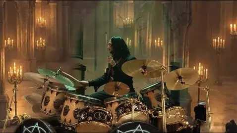 AI Video from prompt: the drummer plays the beat in the vast reverbera