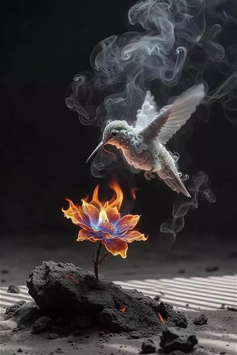 AI Video from prompt: A hummingbird-shaped ephemeral semi transparent 