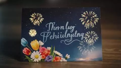 AI Video from prompt: greeting card with flowers and fireworks, with t