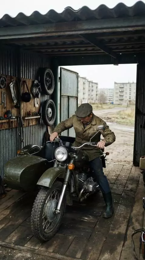 AI Video from prompt: A Soviet Union city. Outskirts. Garages. This is