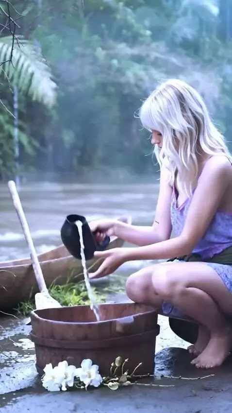 AI Video from prompt: A girl pulls a goliath frog out of the water. it