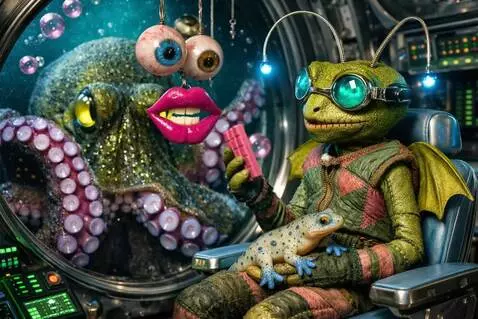 AI Video from prompt: Puppet eats a bite of candy. Puppet gives candy 