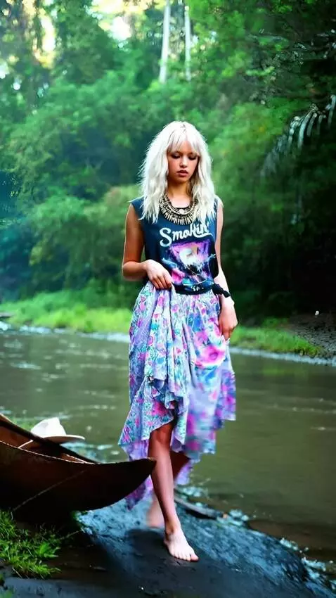 AI Video from prompt: A girl walks on water and holds her dress high s