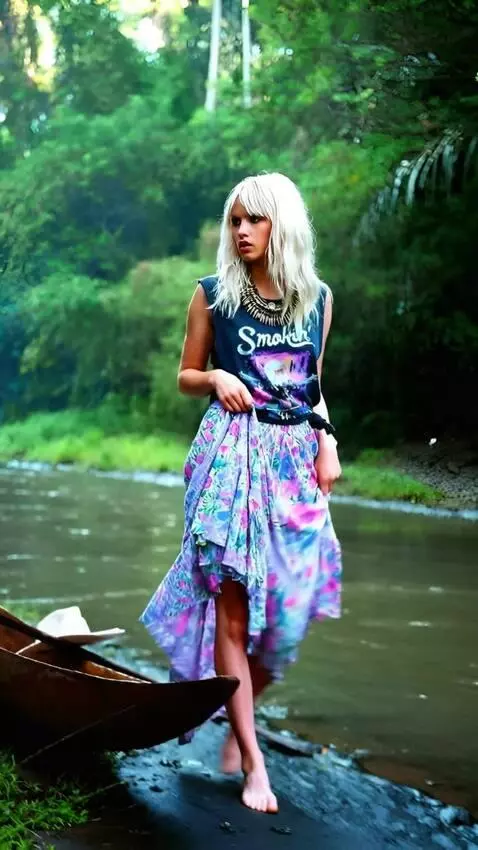 AI Video from prompt: A girl walks on water and lifts her dress high  