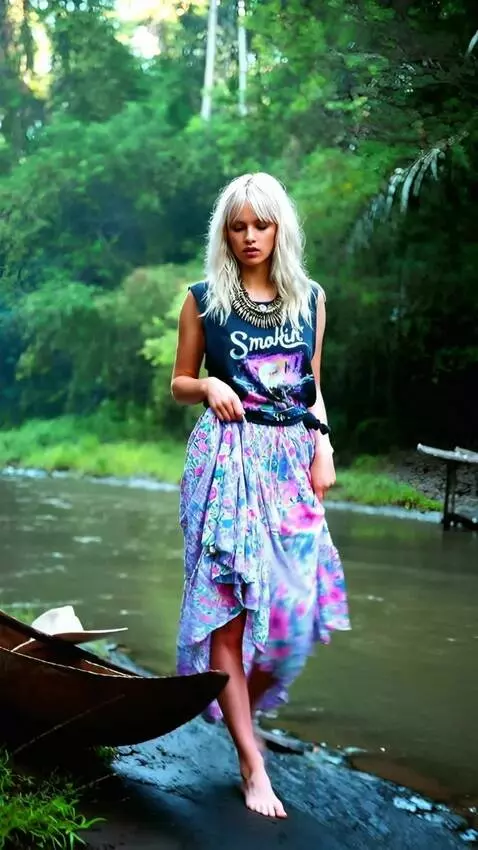 AI Video from prompt: girl walks on water and lifts her dress high  to