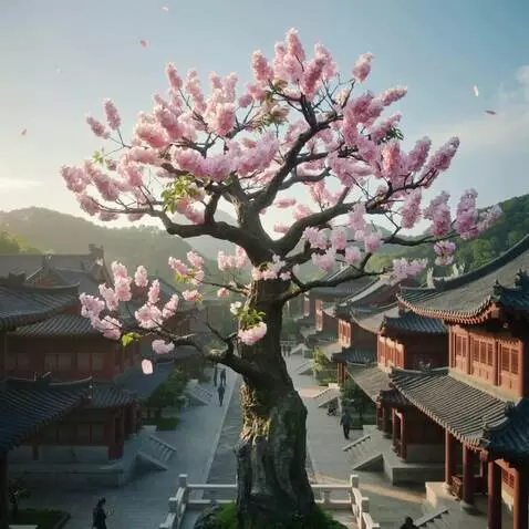 AI Video from prompt: In ancient Asian city a Sakura tree is blossom w
