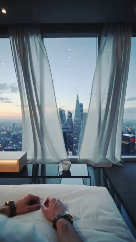 AI Video from prompt: POV of waking up as a billionaire in a futuristi