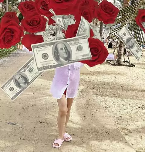 AI Video from prompt: red roses and dollars fall on a woman