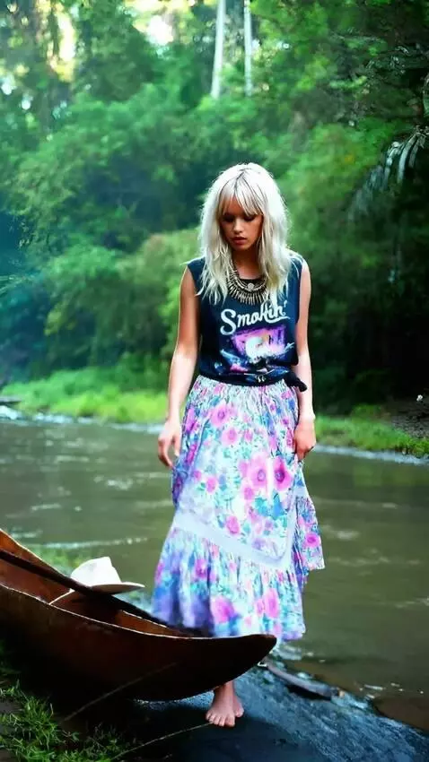 AI Video from prompt: The girl goes into the river and picks up her dr