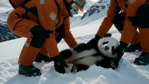 AI Video from prompt: Realistic baby panda stuck in snow, rescue team 