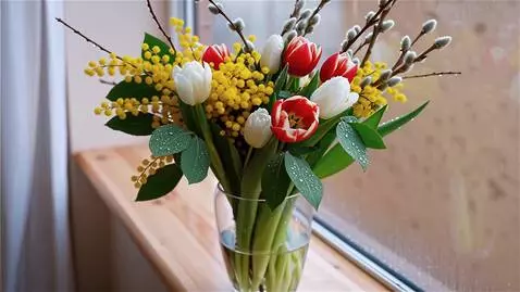 AI Video from prompt: Plot: A close-up image of a bouquet of spring fl