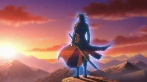 AI Video from prompt: Epic anime warrior standing on a mountain during
