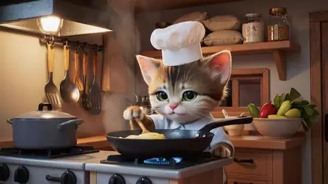 AI Video from prompt: A tiny cute kitten working as a chef in a small 