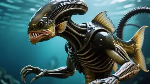 AI Video from prompt: Xenomorph turns into Anthropomorphic Piranha.
