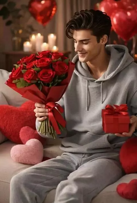 AI Video from prompt: Smiles and holds out his hands with flowers and 