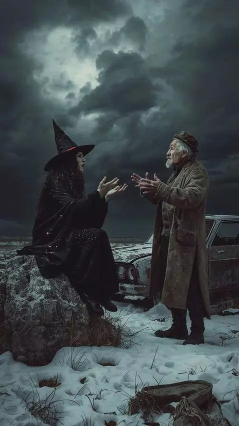 AI Video from prompt: A witch and a man are arguing. **The camera circ