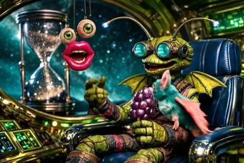 AI Video from prompt: The hourglass turns over. The puppet feeds grape