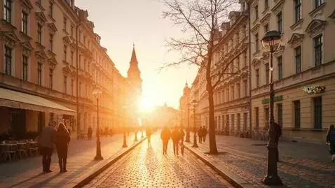 AI Video from prompt: Beautiful peaceful city with sunlight, people wa