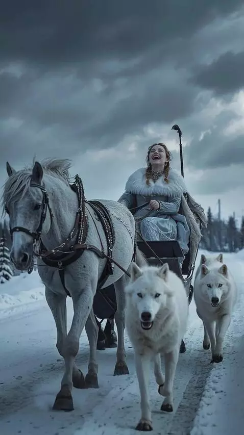 AI Video from prompt: A woman laughs and controls a horse from a sleig