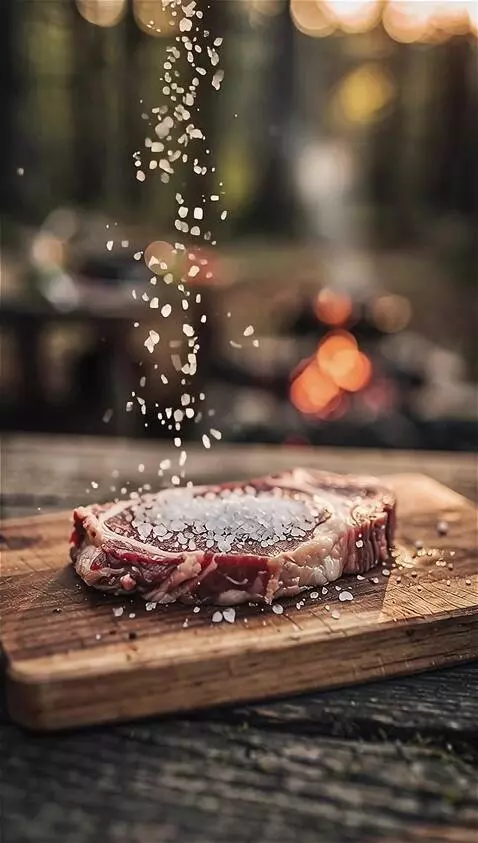 AI Video from prompt: coarse sea salt falling onto ribeye steak in slo