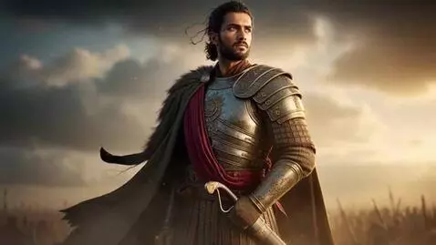 AI Video from prompt: A heroic young sultan warrior standing on a batt