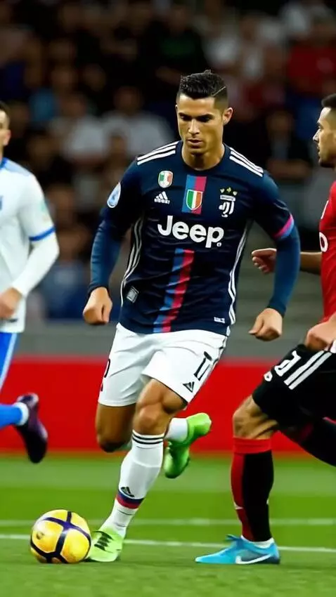 AI Video from prompt: Ronaldo dribbles players in stadium