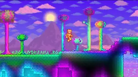 AI Video from prompt: Terraria game but like under an LSD trip