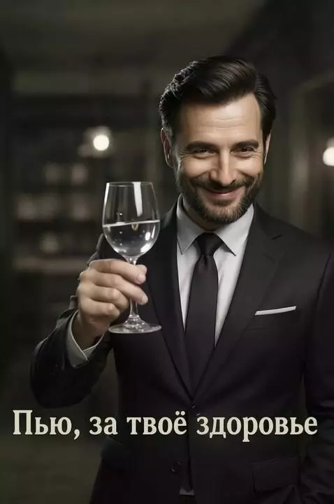 AI Video from prompt: A Man smiles and raises a glass of wine in honor