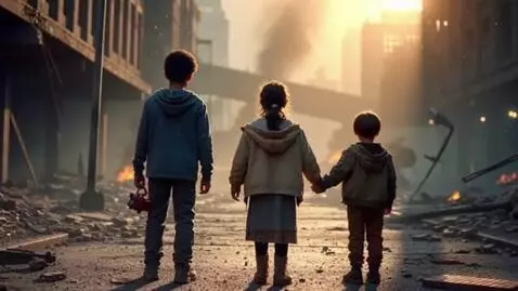 AI Video from prompt: children standing in a destroyed city, dust in t