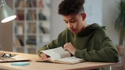 AI Video from prompt: generate a video where a boy is sitting at a des