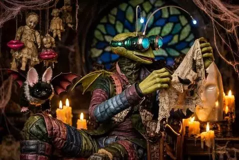 AI Video from prompt: The puppet puts the lace mask on the white statu