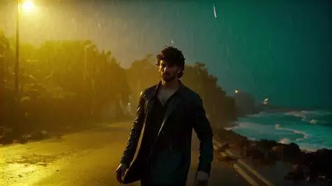 AI Video from prompt: Cinematic rainy night scene, a lonely young man 