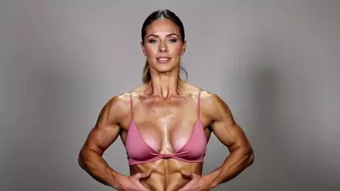 AI Video from prompt: muscular woman bodybuilder, flexing abs, breathi