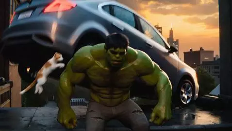 AI Video from prompt: Scene 1: "Hulk sitting on a lonely rooftop at su