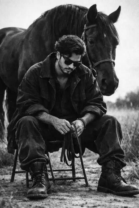 AI Video from prompt: Slow-motion black and white footage. A handsome,