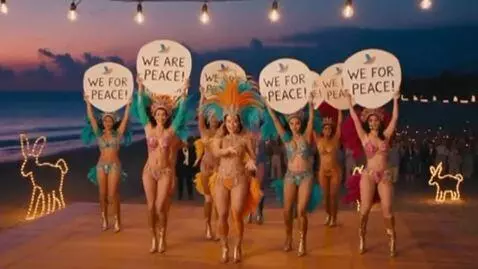 AI Video from prompt: Peace doves fly across the evening sky. The beac