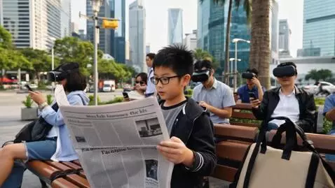 AI Video from prompt: a young asian boy reading a newspaper in time sq