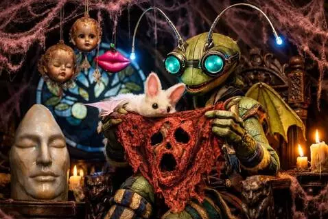 AI Video from prompt: The puppet places the lace over the white head. 