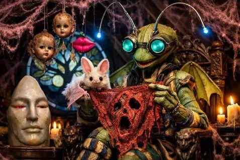 AI Video from prompt: The puppet places the lace on the white head sta