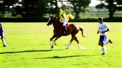 AI Video from prompt: Pikachu is riding a horse while Ronaldo and Mess