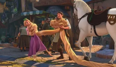 AI Video from prompt: Rapunzel's hair is stuck and she's trying to pul